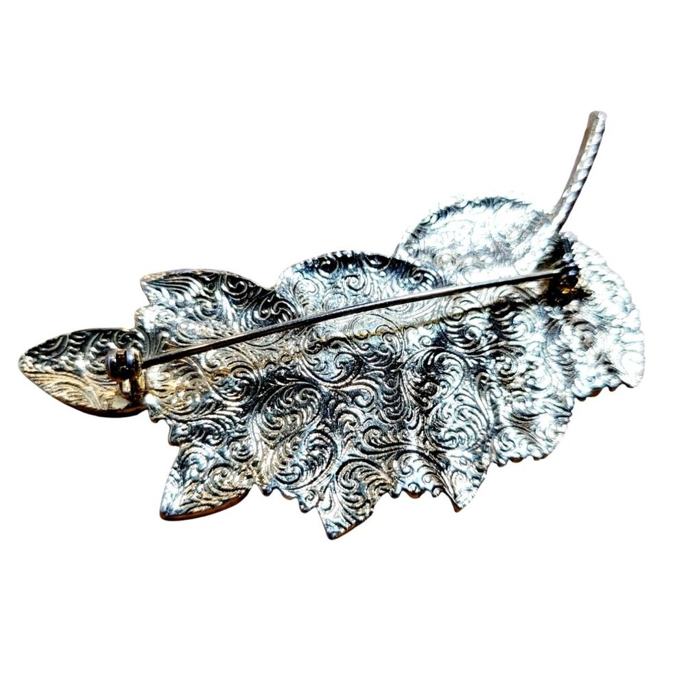 Vintage Art Deco Style Yellow Gold Tone Leaf Design Raised Relief Pin Brooch - Picture 3 of 4